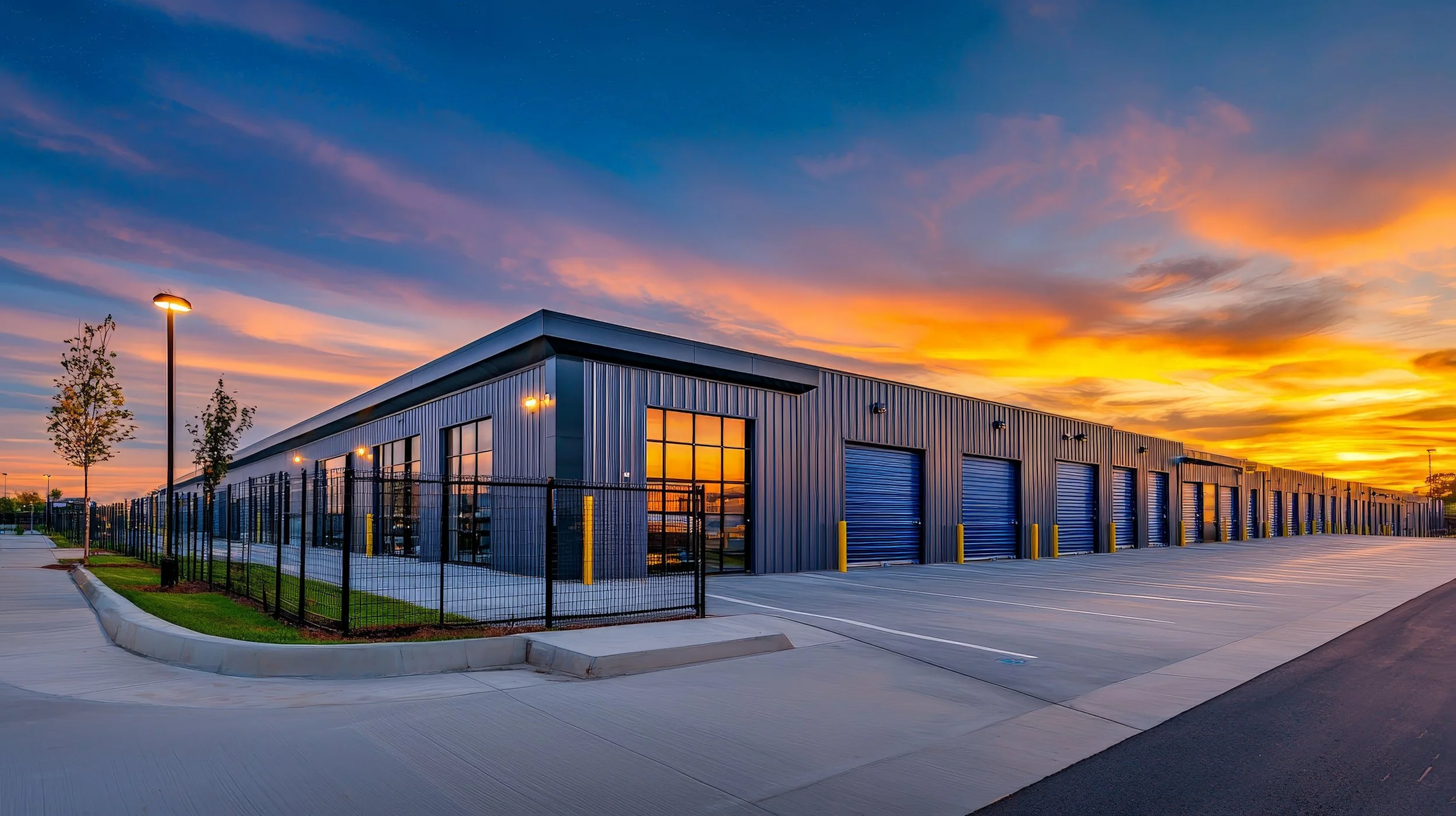 Modern industrial warehouse building at sunset, with blue metal siding, large glass windows, and a fenced perimeter, situated in a parking lot with a few trees and streetlights.
