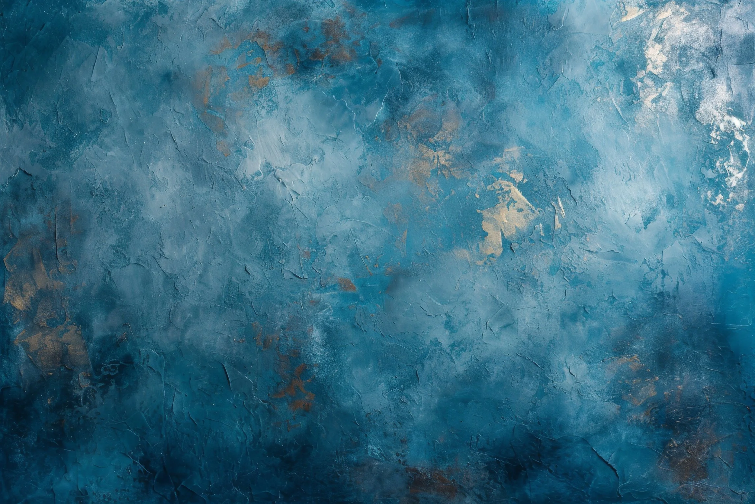 Abstract textured blue wall with patches of white and brown.