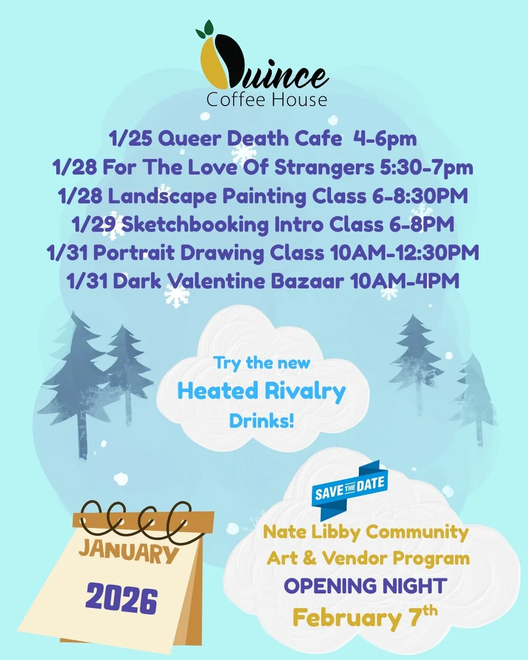 Aquarius season is a VIBE 🩵
We&rsquo;ve got gay hockey, dark valentines, the love of strangers, death cafe and drawing classes - what more could you want and where else could you find it? Only here with us at Quince Coffee House @quincecoffeehouse.
