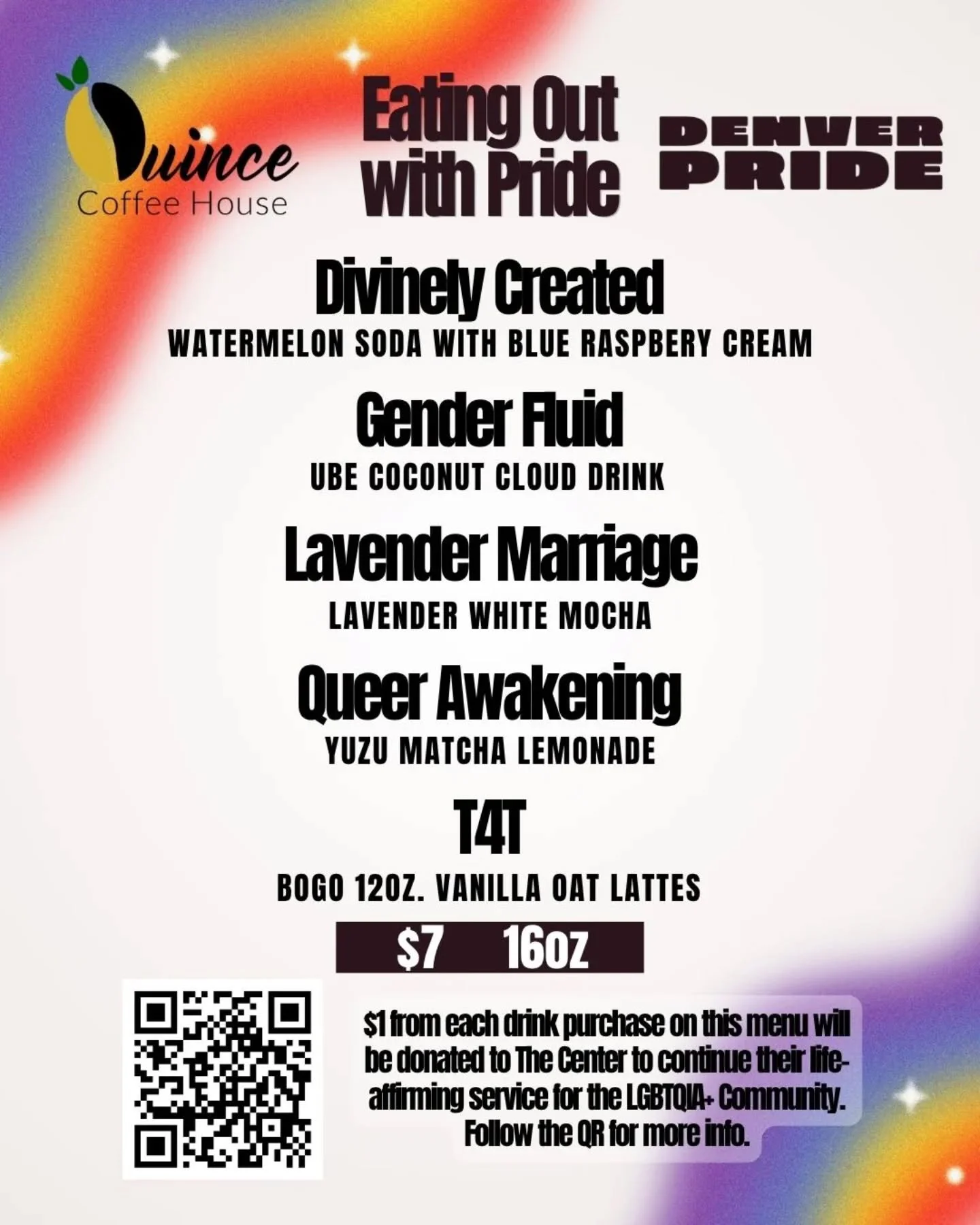 It's tiiiiiiiiiiiiiiiiiiiime! 🌈🏳️&zwj;🌈🏳️&zwj;⚧️ Pride Month has arrived and so has our Pride Menu! This year we're Eating Out with Pride and The Center on Colfax. $1 from each drink purchase on this menu until 6/30 will go towards their life-aff