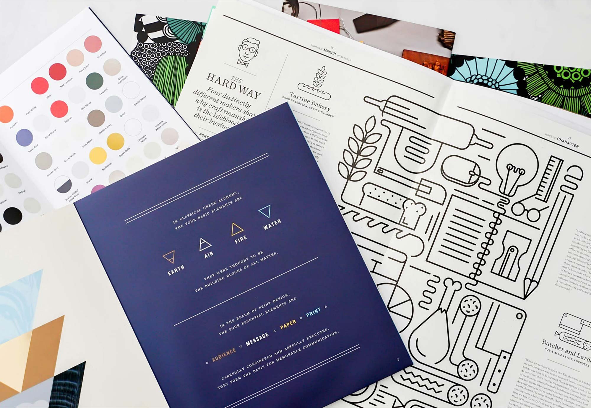 Collection of printed materials including a color palette, a black and white outline illustration of kitchen utensils and ingredients, and informational sheets with text about classical elements, design, and a bakery.