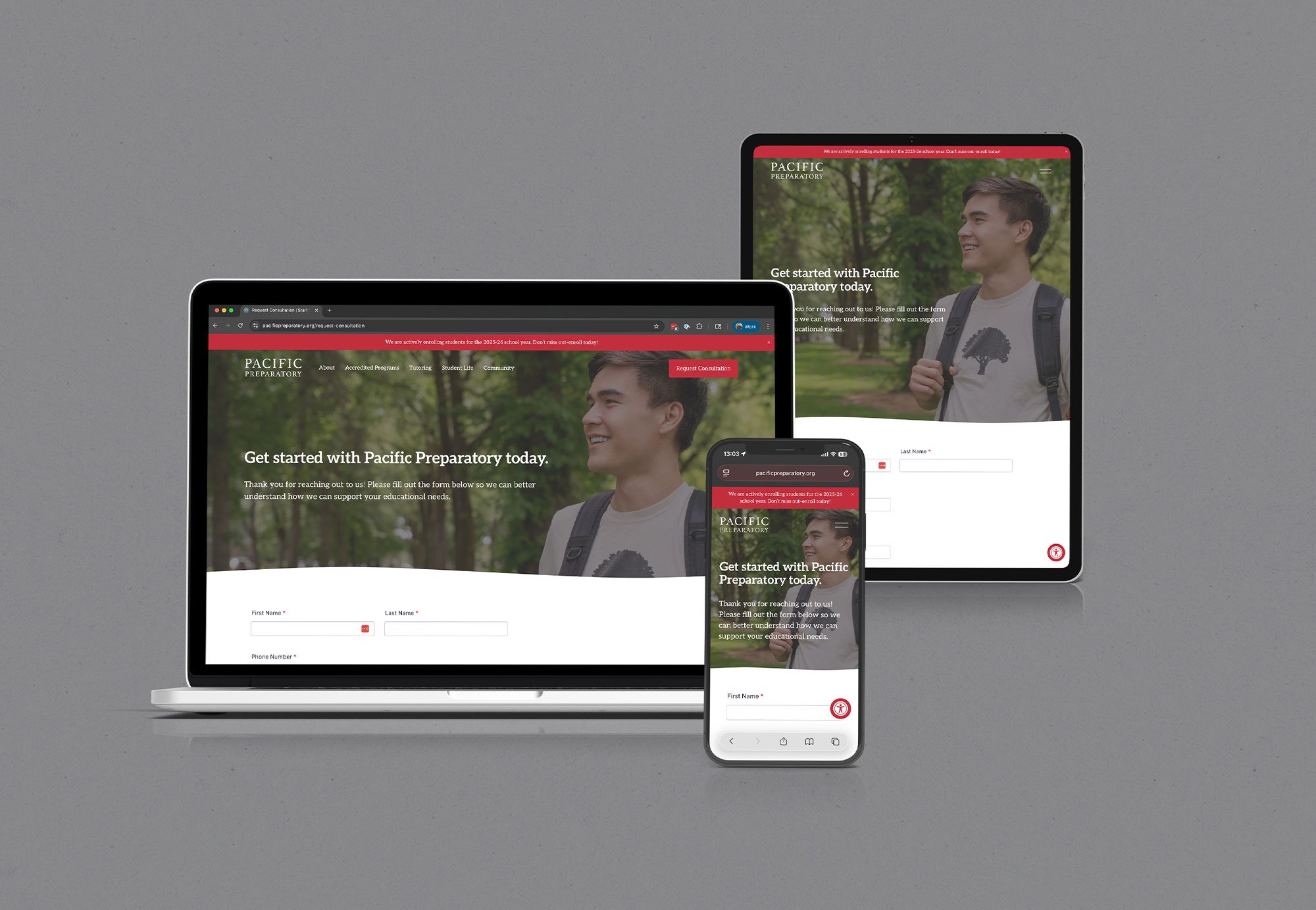 Electronic devices displaying the Pacific Preparatory website auf a gray background: a silver laptop, a black tablet, and a smartphone, all showing a young man with backpack outdoors.