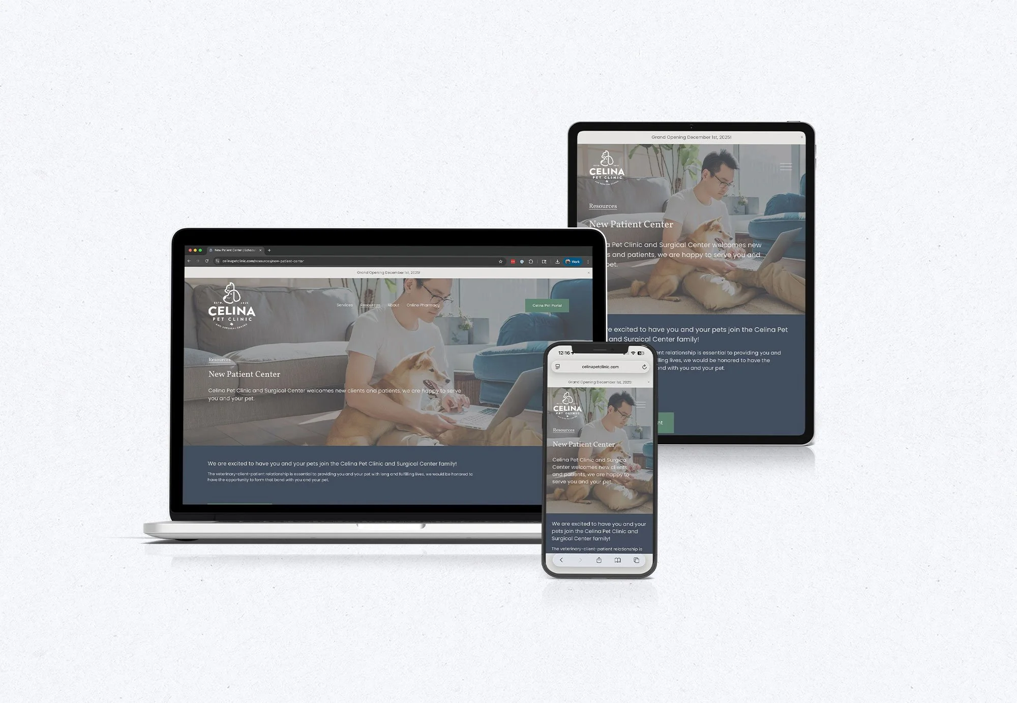 Website displayed on a laptop, tablet, and smartphone for a pet clinic called Celina Pet Clinic, showing a woman with a cat and a man with a dog in a home setting.