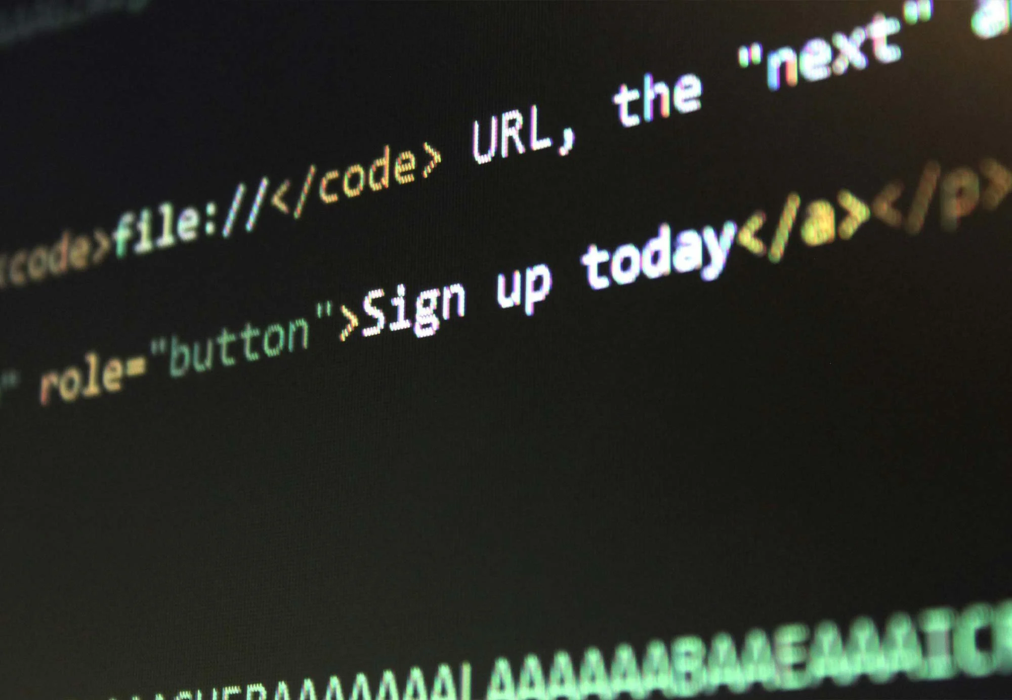 Close-up of computer code on a screen showing HTML tags and text such as 'file://', 'Sign up today', and 'role="button"'.