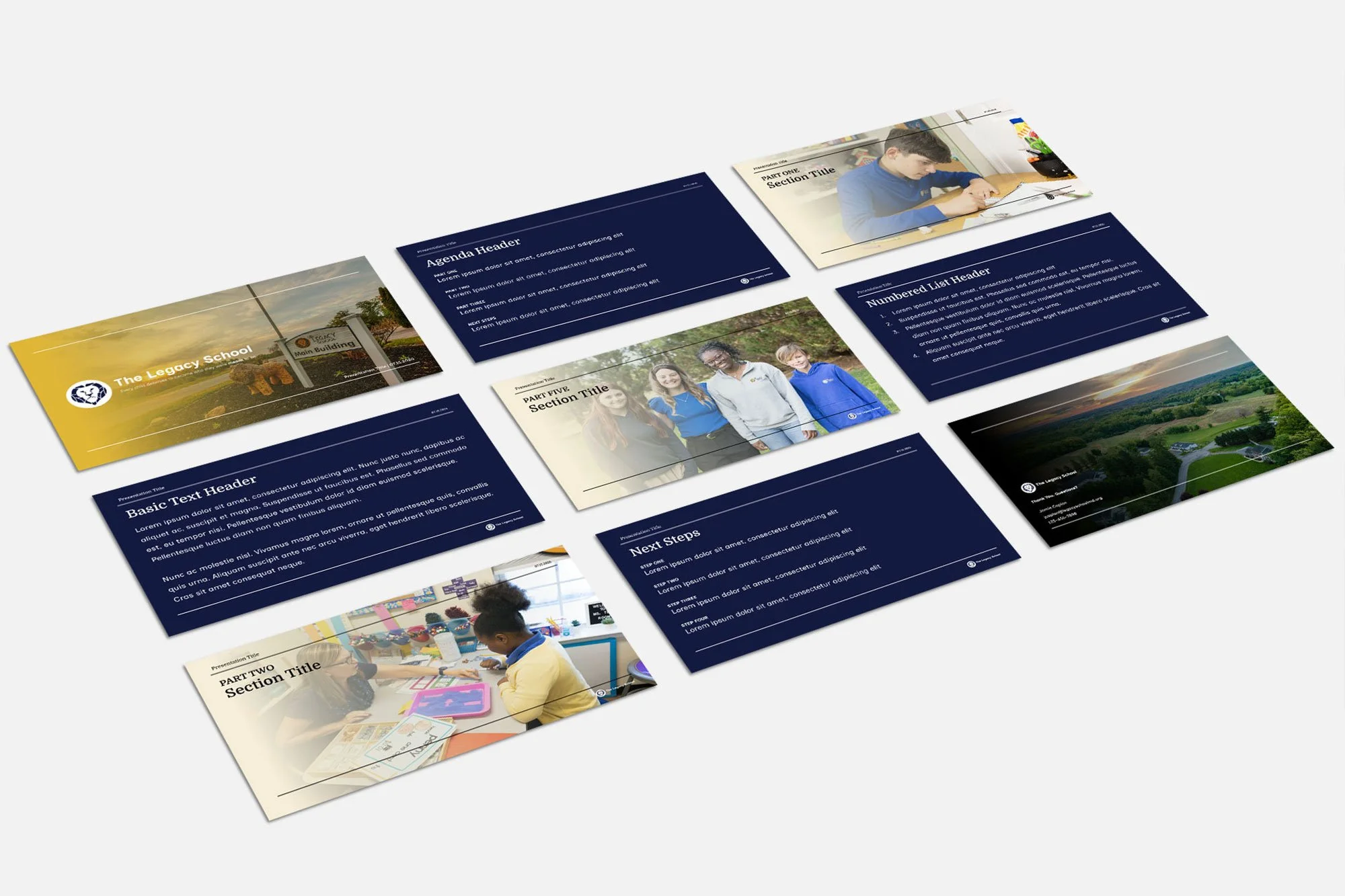 A set of presentation slides about The Legacy School, including sections on agenda, key points, next steps, and photos of students and school activities, with a school logo and outdoor landscape images.