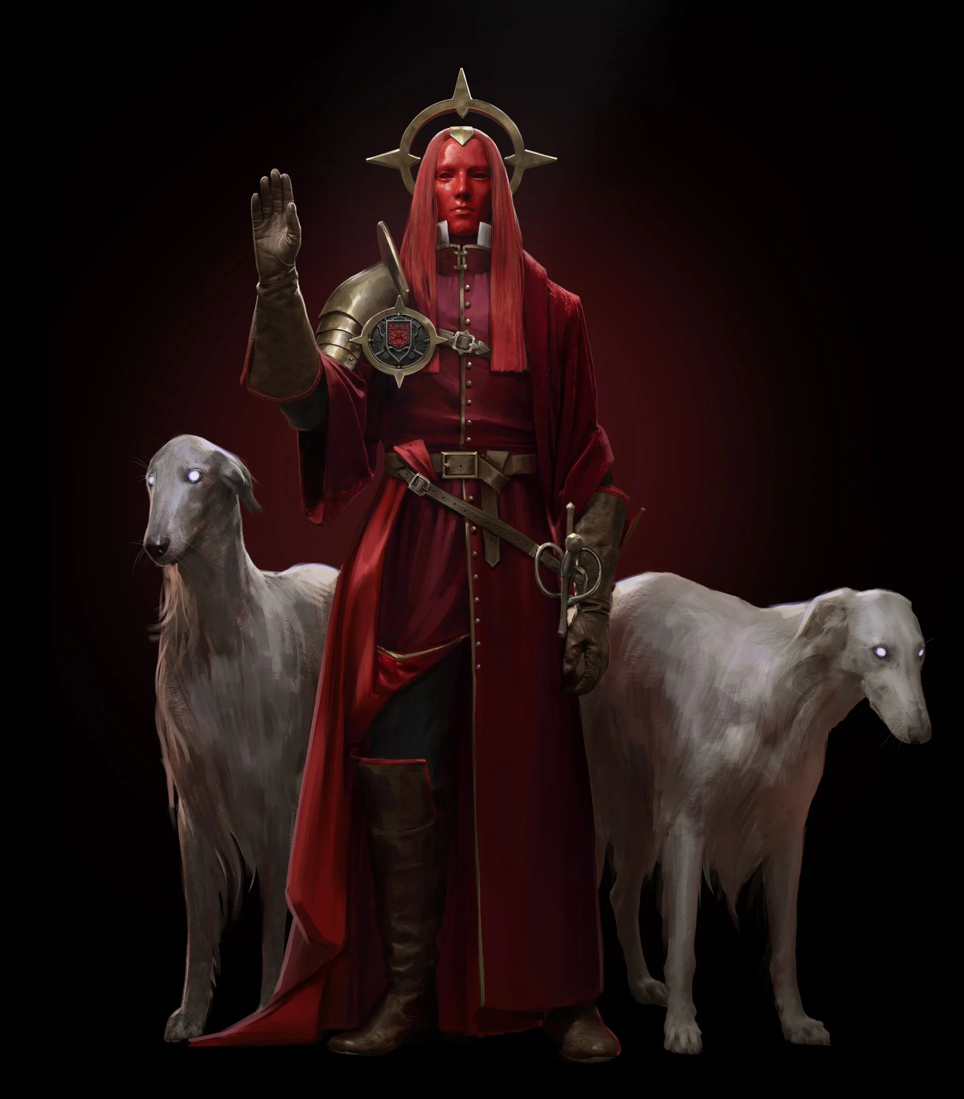 A red-robed religious figure with a halo and white hounds