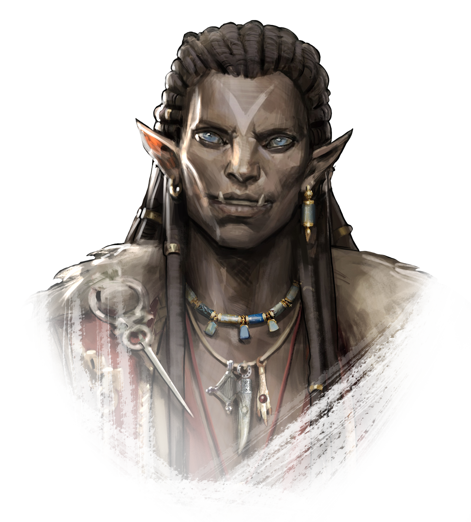 A half-orc with a sharp gaze and a dangerous calm