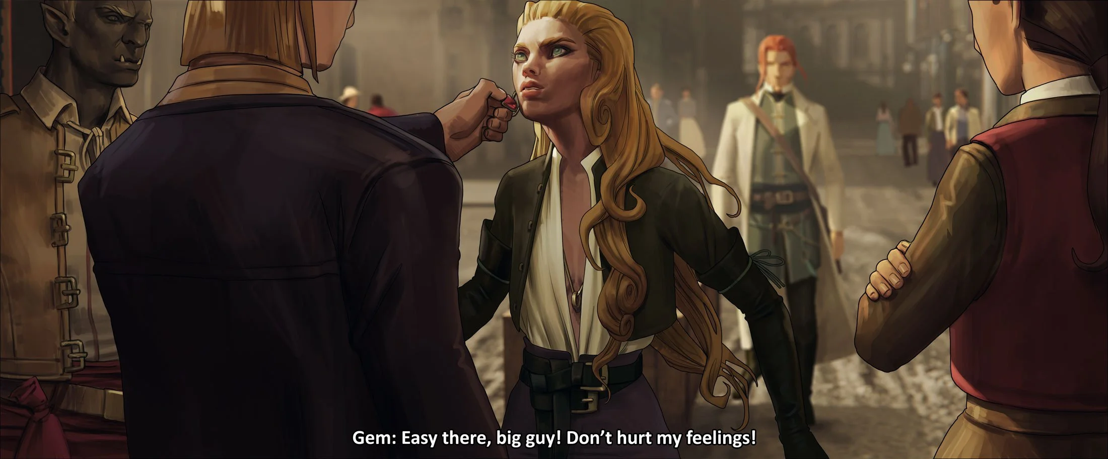 A tense street confrontation in a crowded city. Blonde girl and bandits argue.