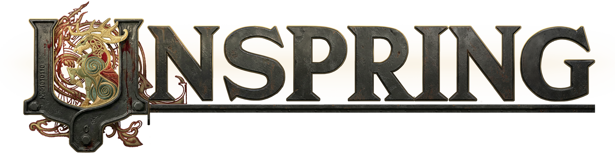 A title logo for 'Unspring' with cast iron letters and knotwork design on the letter 'U'