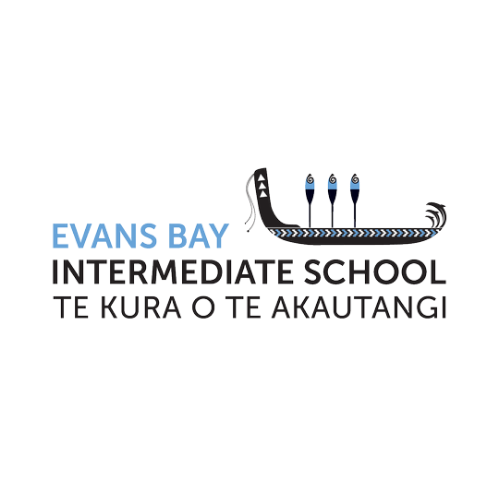 Evans Bay Intermediate School logo featuring a stylized creature with a leopard print pattern, and four blue and gray beacons, with school name and Maori translation.