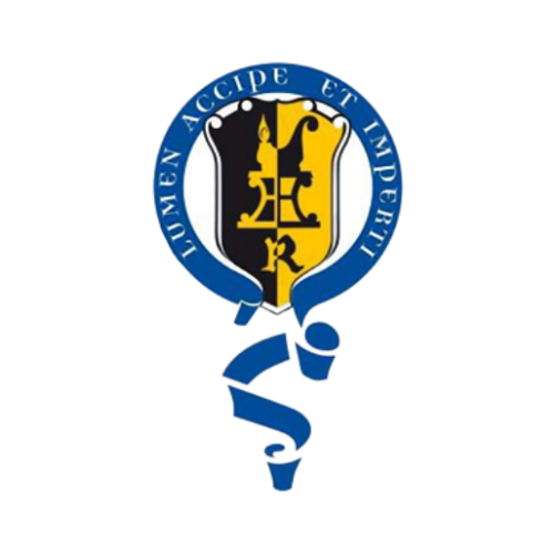 A logo featuring a shield with the Latin phrase "Lumem Accipe et Imple" around it, and a blue ribbon beneath with an oval shape.