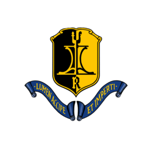 Coat of arms with a yellow and black shield, a trident, and a scroll with the Latin motto 'Lumen Acipi Et Imperti' in blue.