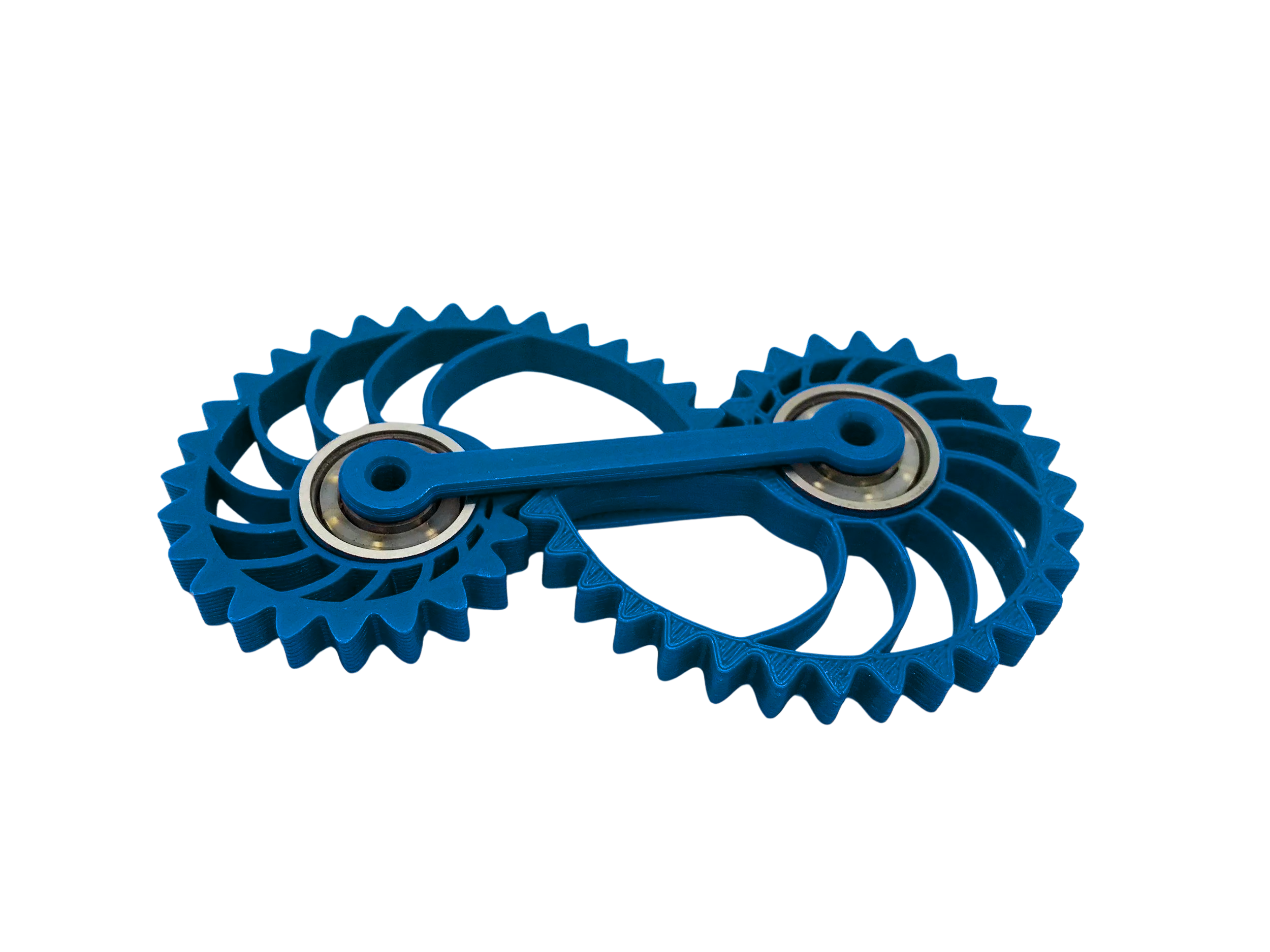 A blue plastic gear assembly with two gears connected by an arm and bearings on a white background.