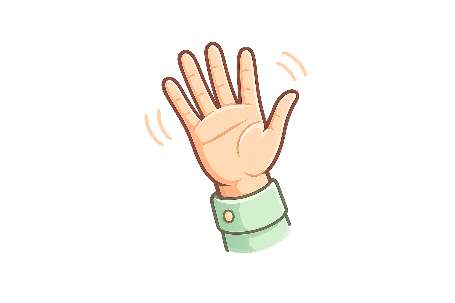 A cartoon-style illustration of a hand with the palm facing outward, raised in a gesture of stopping or greeting, with a beige and brown background.