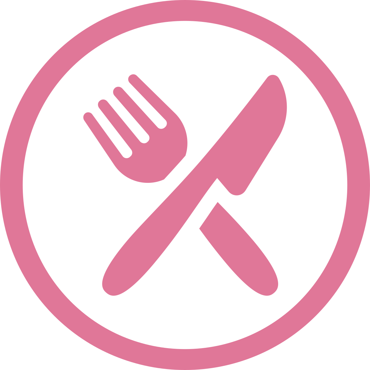 Pink icon of a crossed fork and knife with a circle around it, indicating food restrictions or a no food symbol.