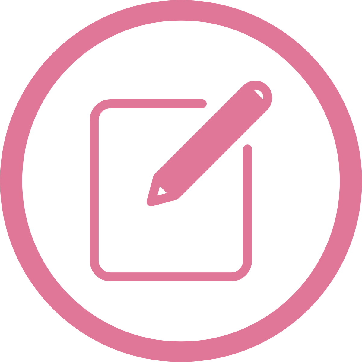Pink icon of a pencil drawing on a rectangular surface enclosed in a circle.