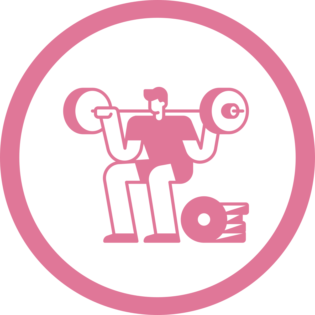 Line art pink icon of a person lifting a barbell, with a large weight on the ground nearby, inside a pink circular border.
