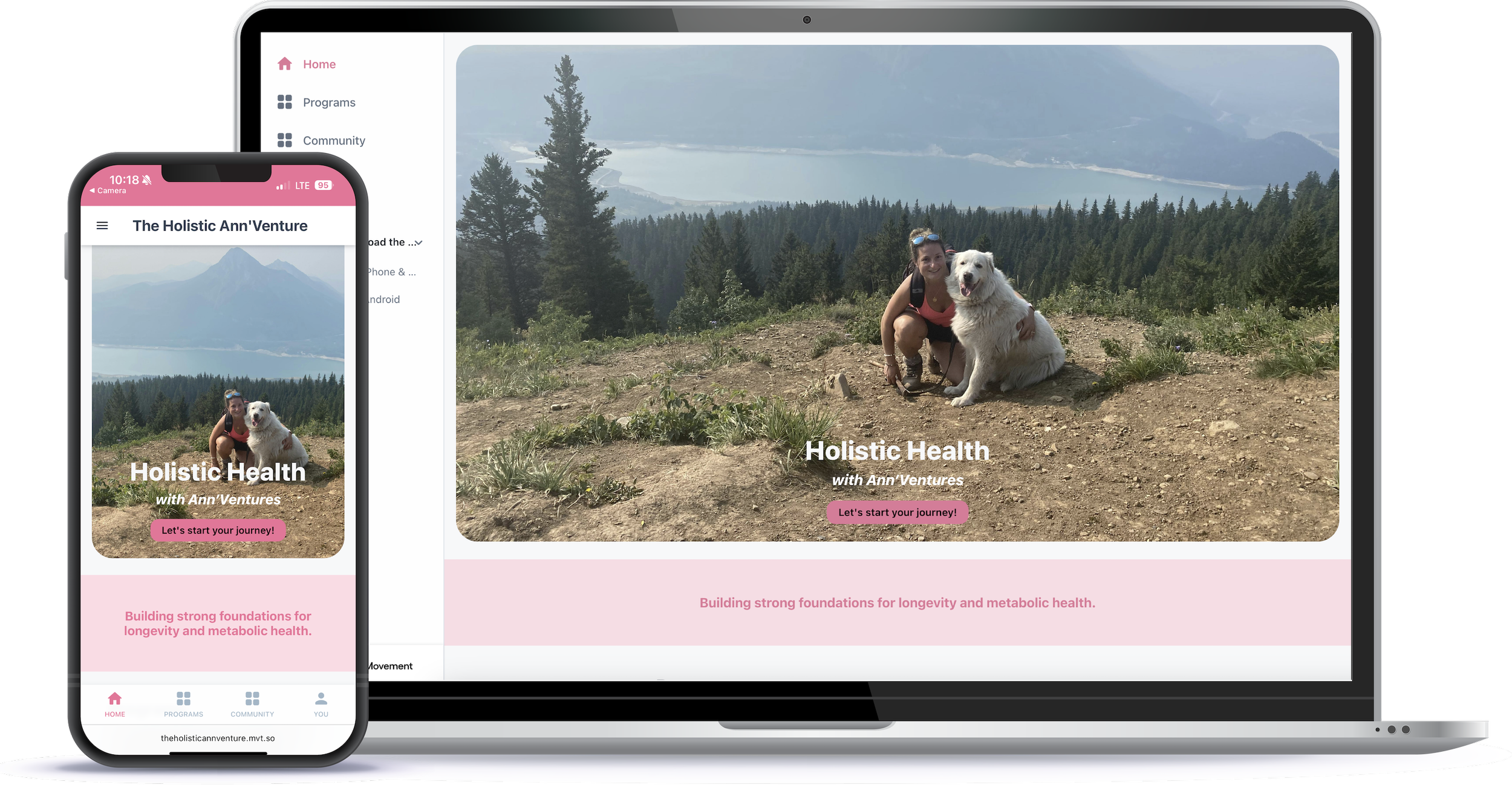 A woman with a white dog sitting on a dirt trail overlooking a forested landscape with a lake and mountains in the background, displayed on a laptop and a smartphone screen.