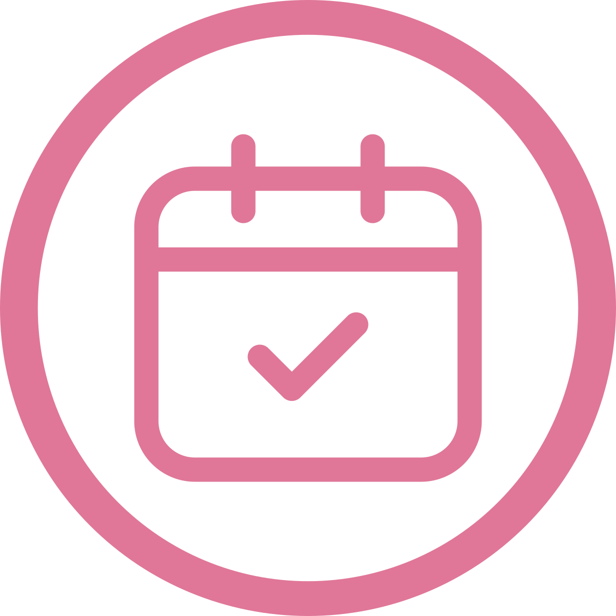 Pink calendar icon with a checkmark inside, surrounded by a pink circle.