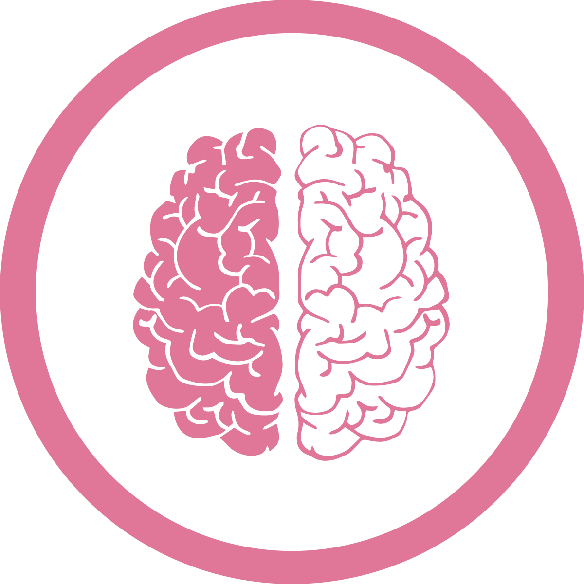 Illustration of a human brain with pink and black coloring, enclosed in a pink circular border.