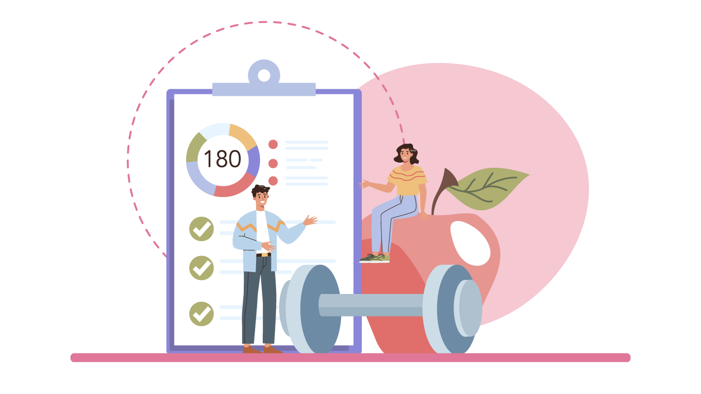 A digital illustration showing a woman sitting on a large apple bearing a leaf, with a man standing nearby gesturing towards a large health report or progress chart on a clipboard, surrounded by a barbell and a pink background.