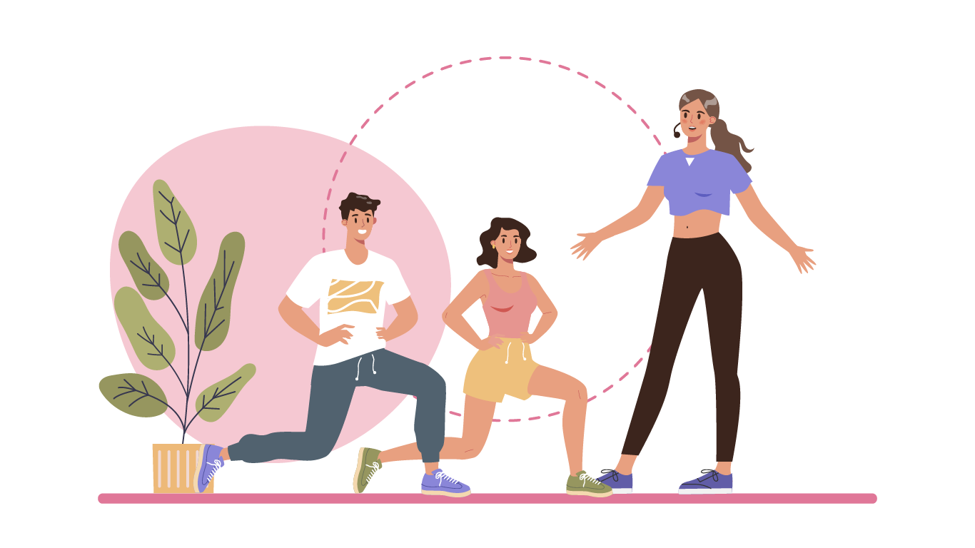 Three people exercising indoors, with two women and one man, surrounded by plants, under pink dotted lines.