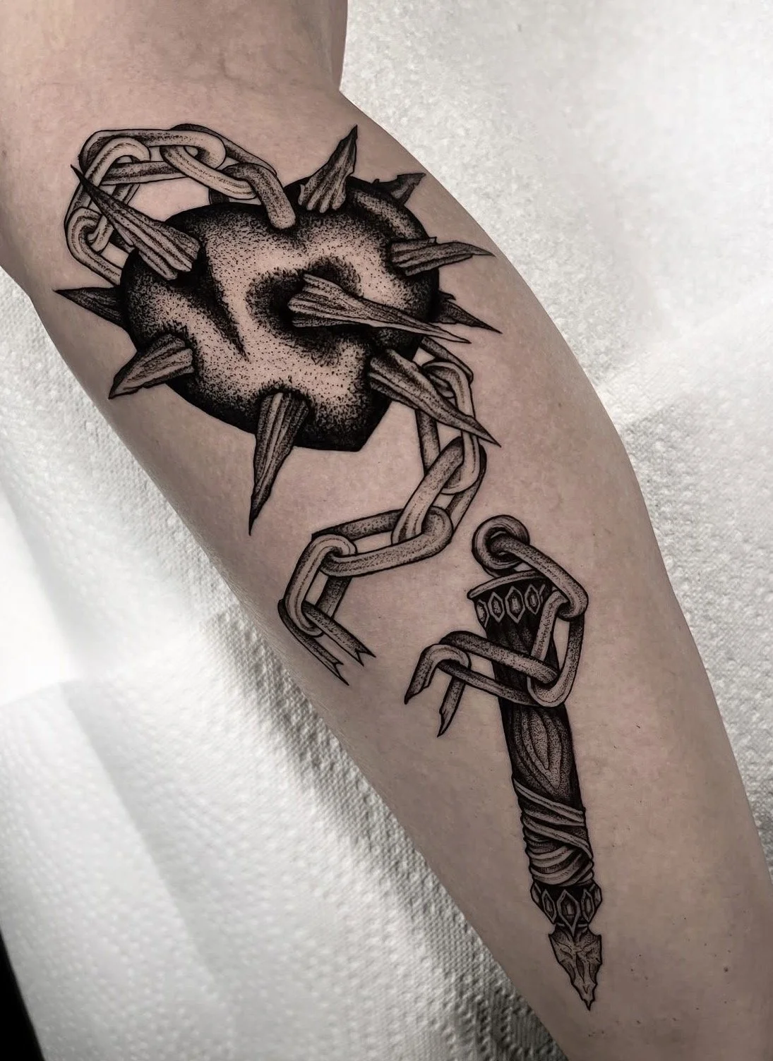 Blackwork Flail Mace & Chain Tattoo