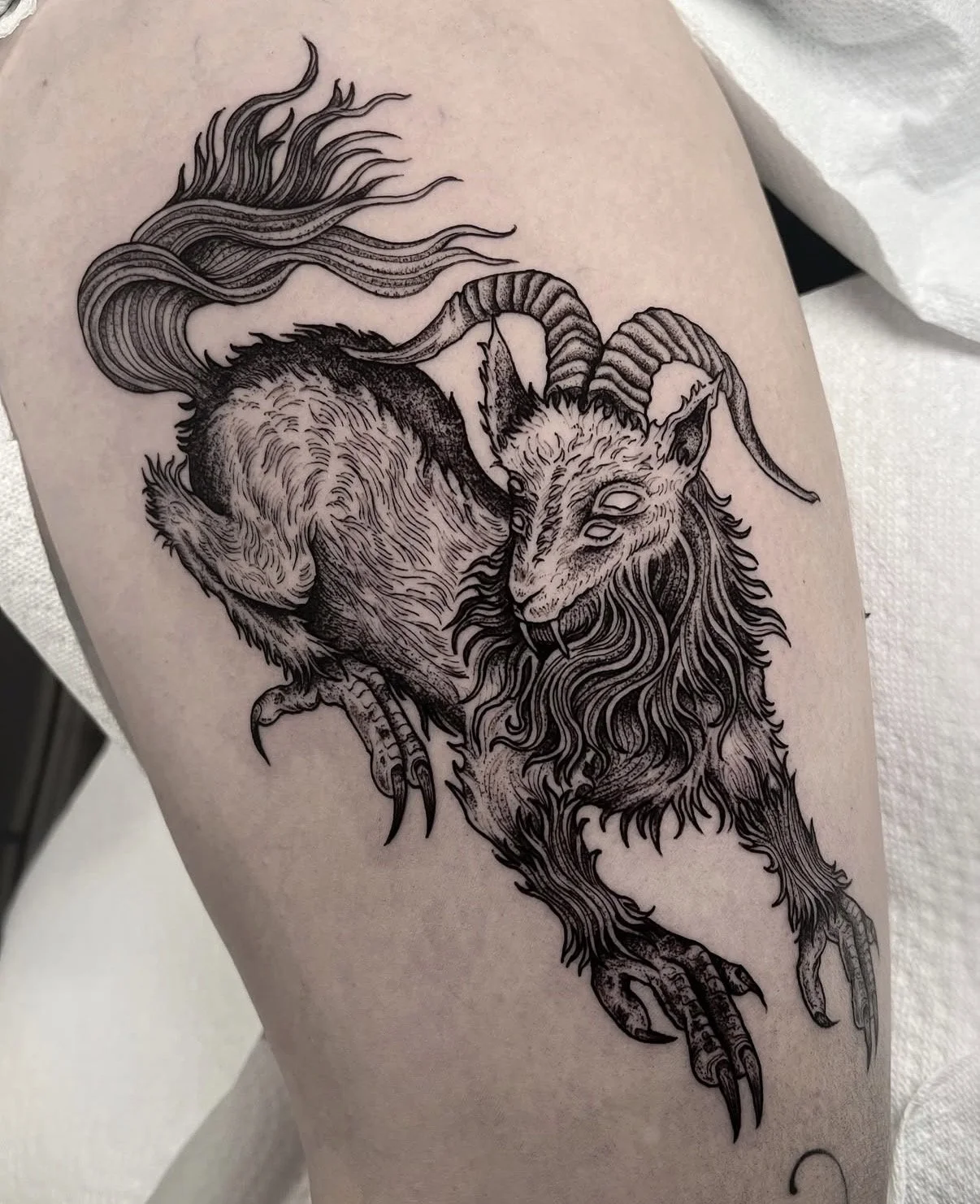 Cryptid Goat Bird Creature Horror Blackwork Tattoo