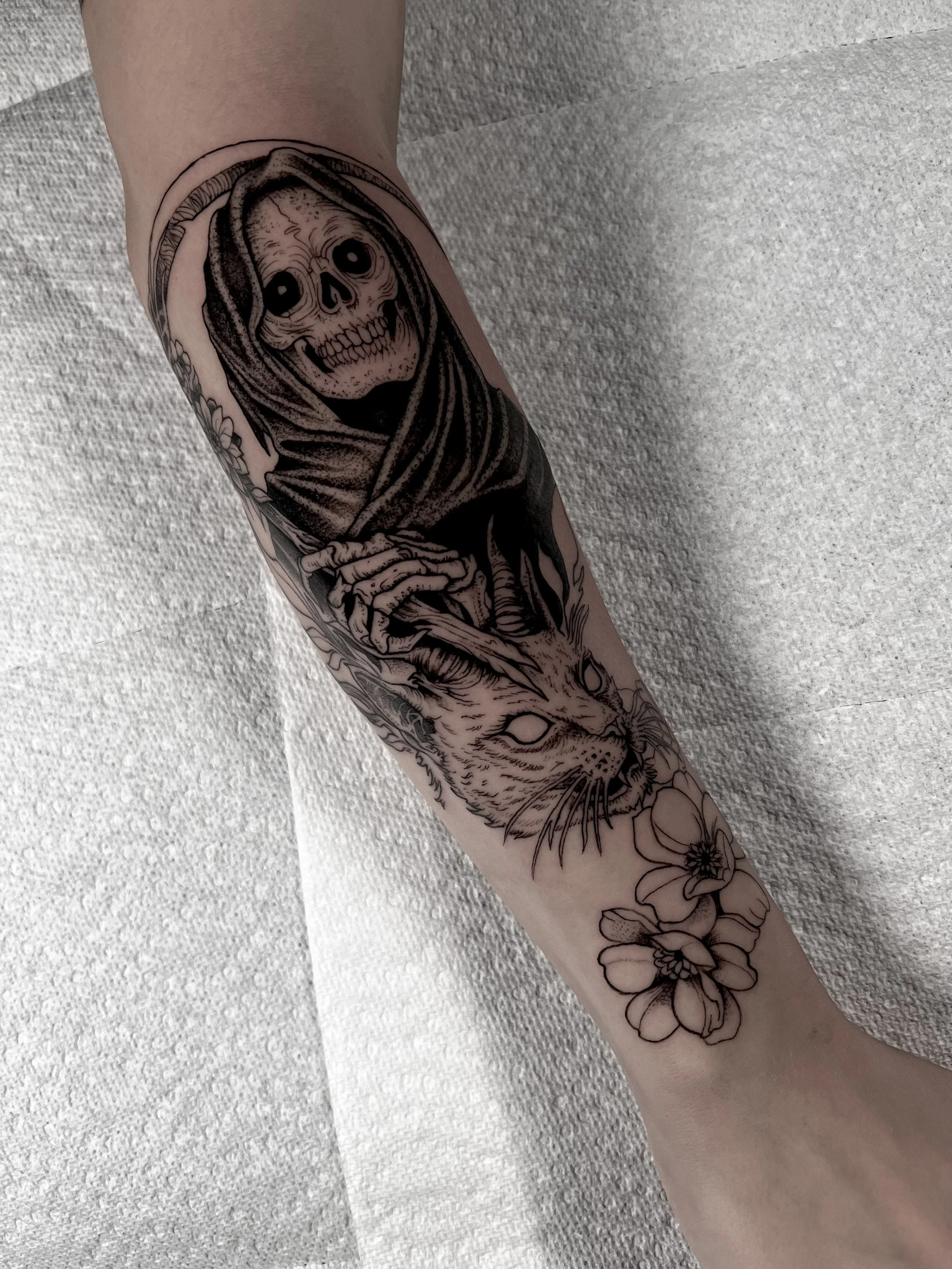 Reaper and Cat with Floral Tattoo