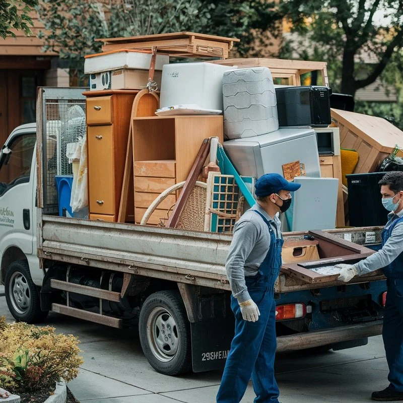 Two people wearing masks and work uniforms exchanging a document in front of a truck loaded with furniture and household items, possibly during a move or donation.