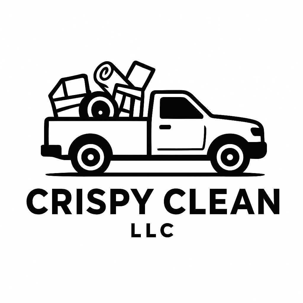 Black and white logo of a pickup truck filled with cleaning supplies and equipment, with the text 'CRISPY CLEAN LLC' below.