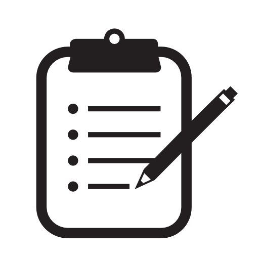 Icon of a clipboard with a checklist and a pen.