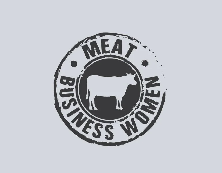 Kate Dillon client logo 'MEAT,' 'BUSINESS WOMEN' on a light gray background.