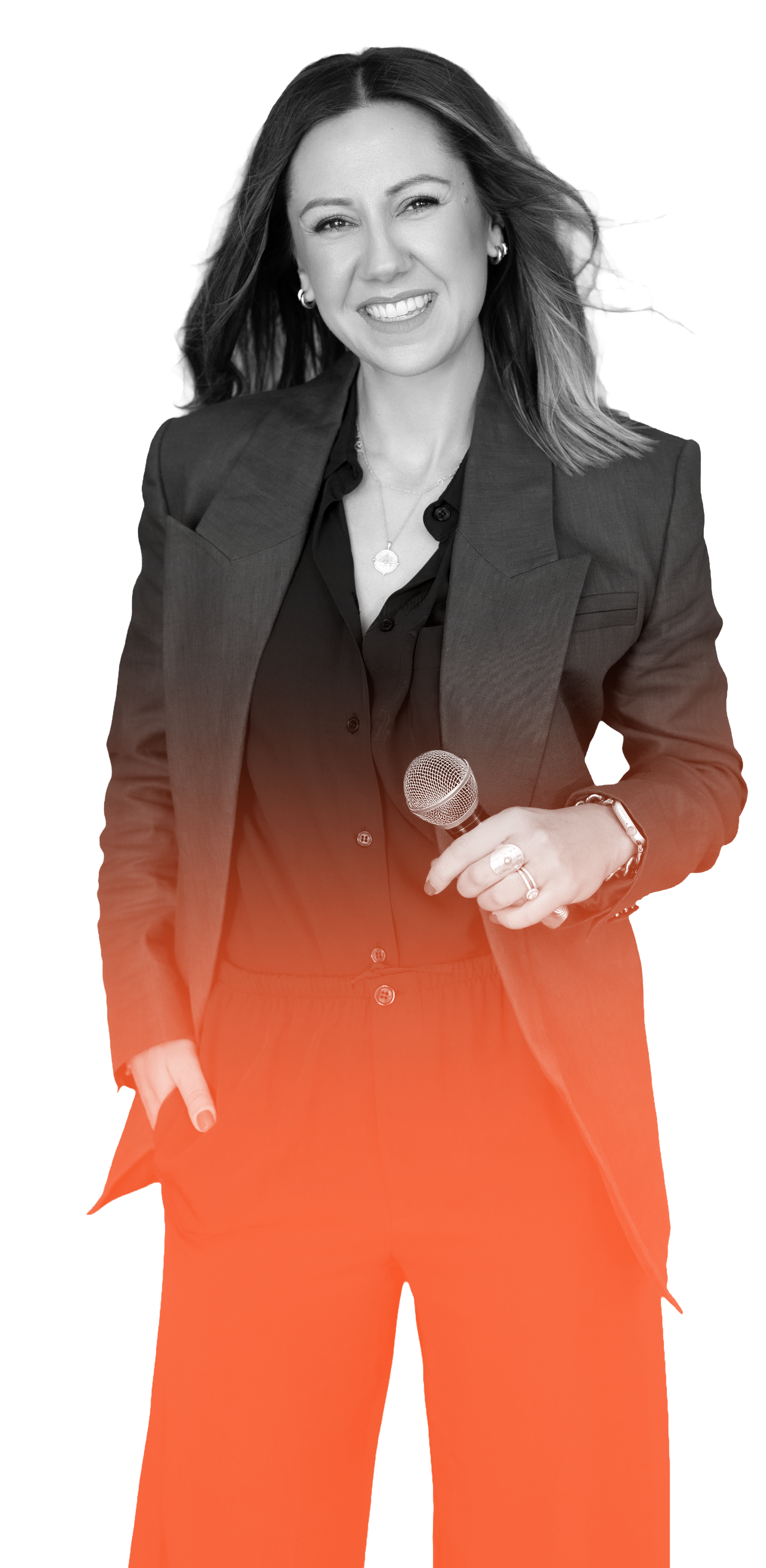 Kate Dillon - holding a microphone, dressed in a dark blazer with an orange gradient background.