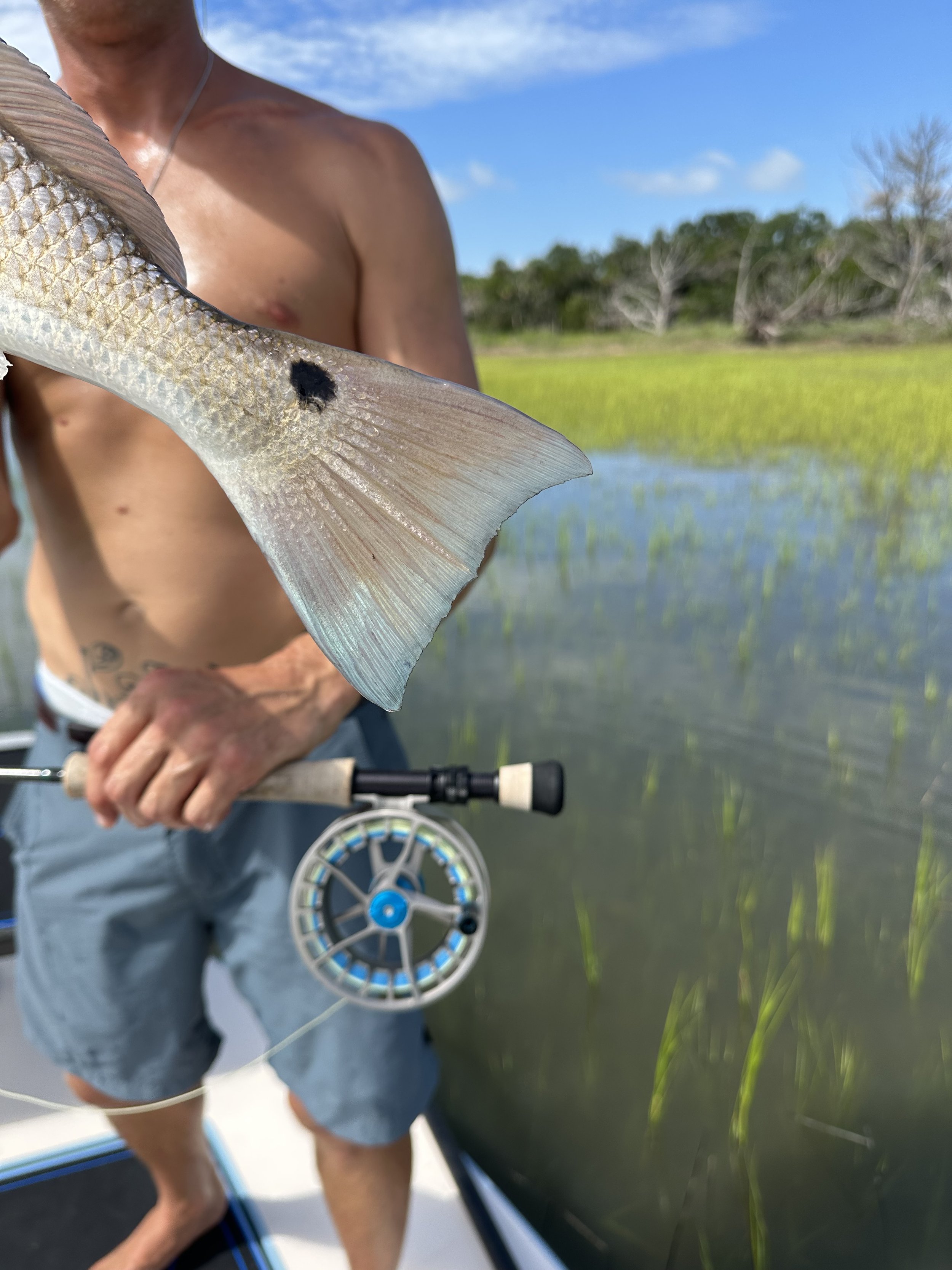 A shirtless man holding a freshly caught fish with a fishing pole, standing on a boat near a marshy area with greenery and trees in the background.