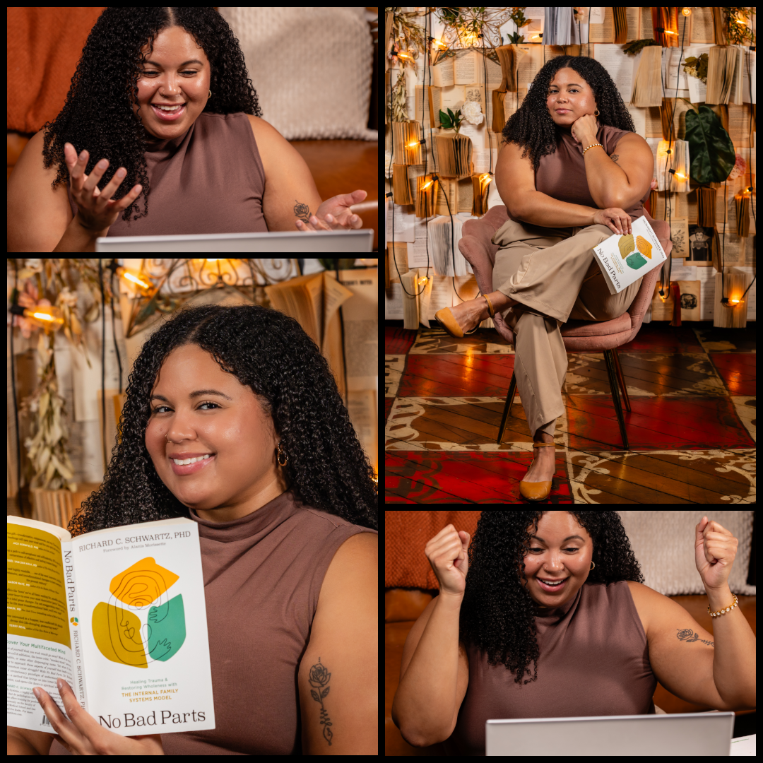 A collage of four photos featuring a woman with curly black hair in a brown sleeveless top, reading a book titled "No Bad Parts" in a cozy, warmly lit room decorated with books, plants, and string lights. She is smiling and appears engaged and happy.