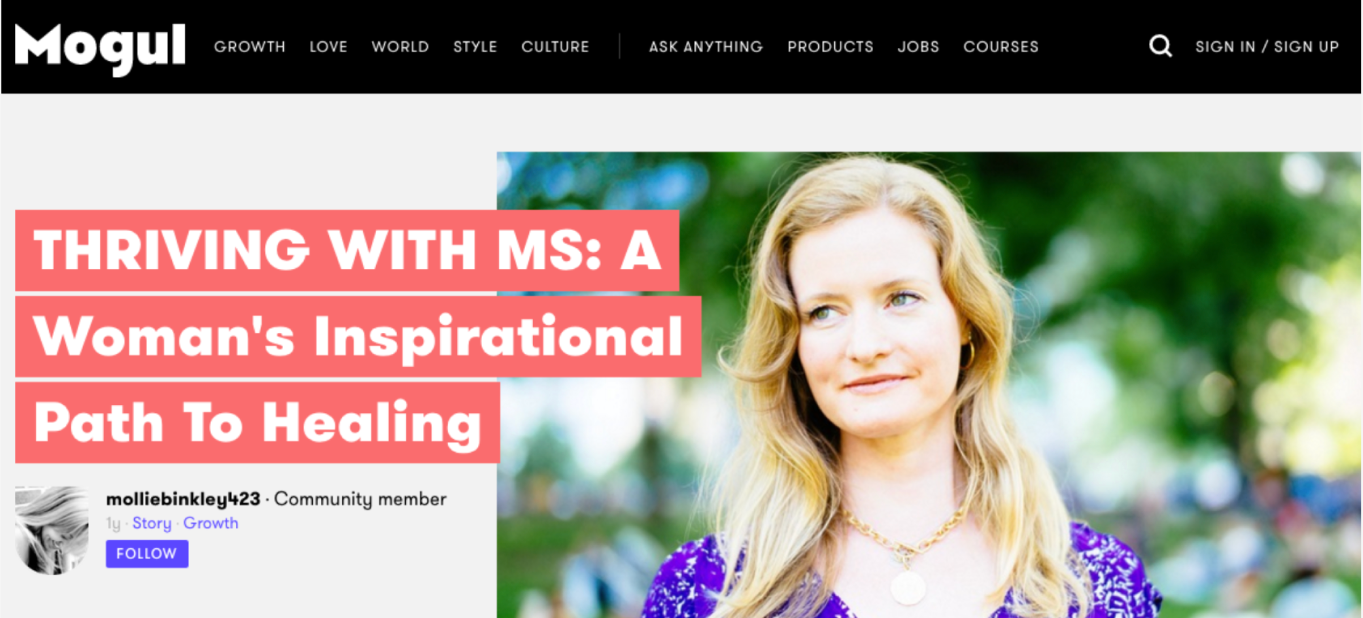 Screenshot of Mogul.com feature of Mary Cunningham in an article titled, "Thriving with MS: A Woman's Inspirational Path to Healing"