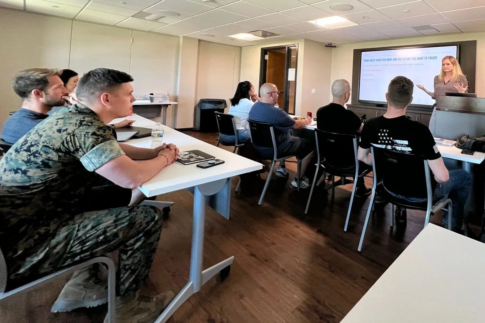 Mary Cunningham talks to a room full of veterans at the Don & Ellie Knauss Veteran Resource Center