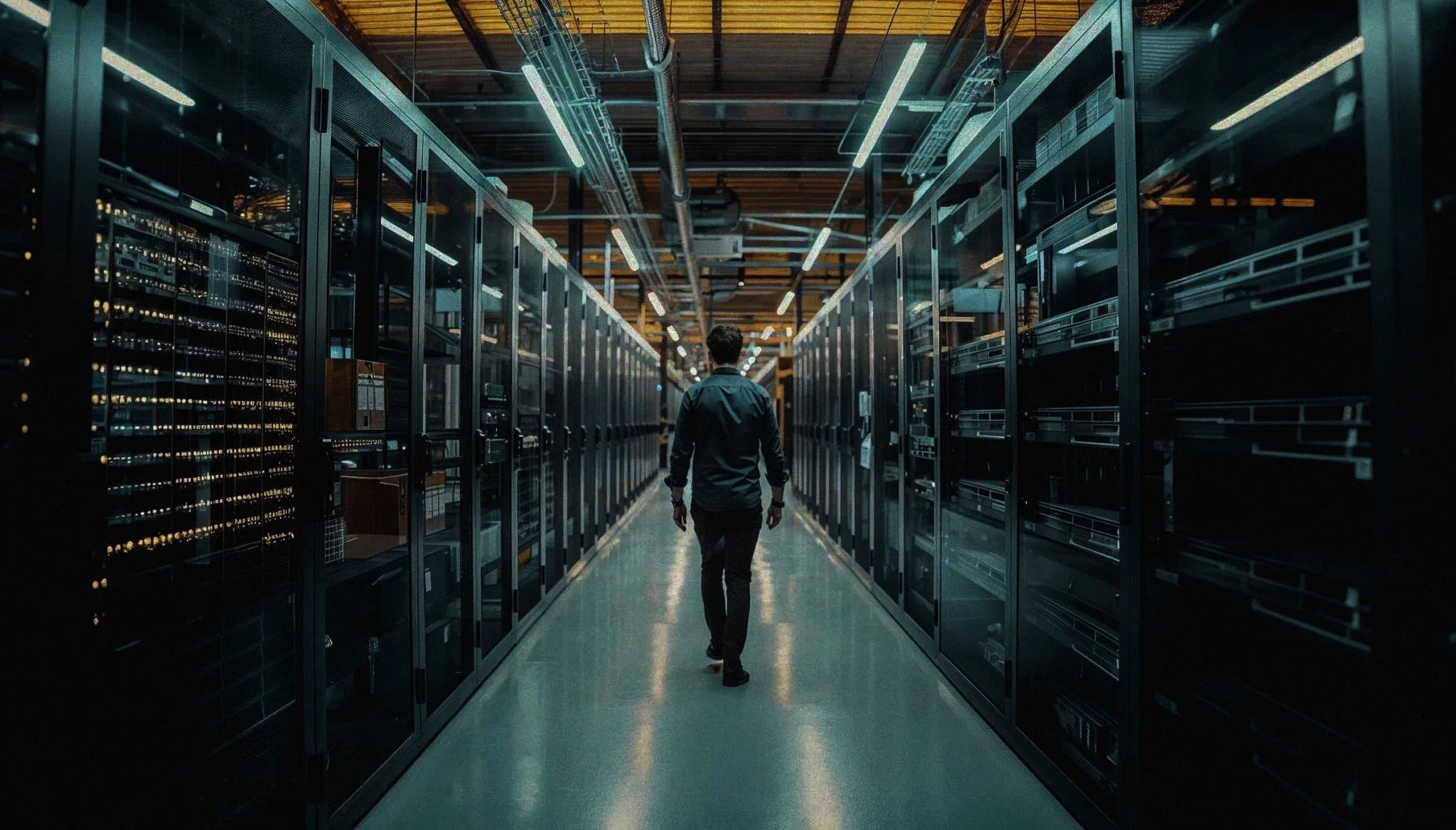 Datacentre and man walking through it 