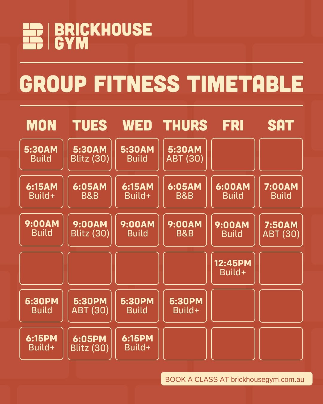 Build
Our main strength class. Full-body lifting with coaching and structure so you can get stronger safely and confidently.

Build+
Strength with a bit more intensity. Still coached and scalable, just slightly faster paced with extra volume or condi