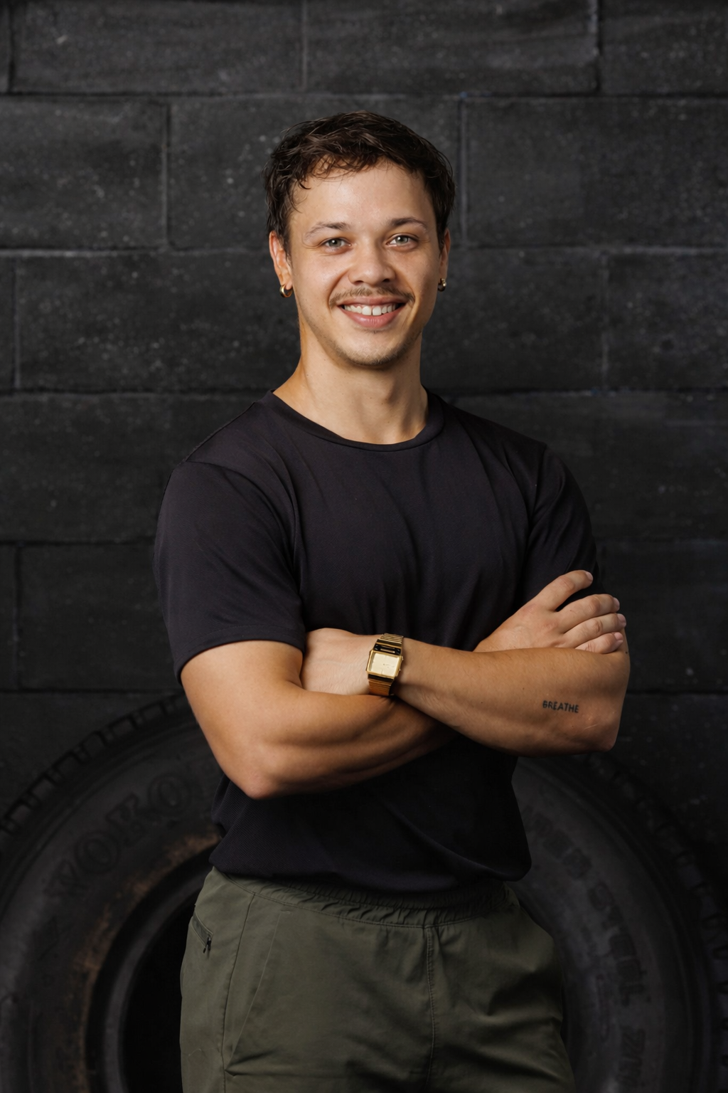 A young man with short dark hair, wearing a black T-shirt, gold watch, and olive green pants, standing with arms crossed in front of a black wall and tires, smiling at the camera.