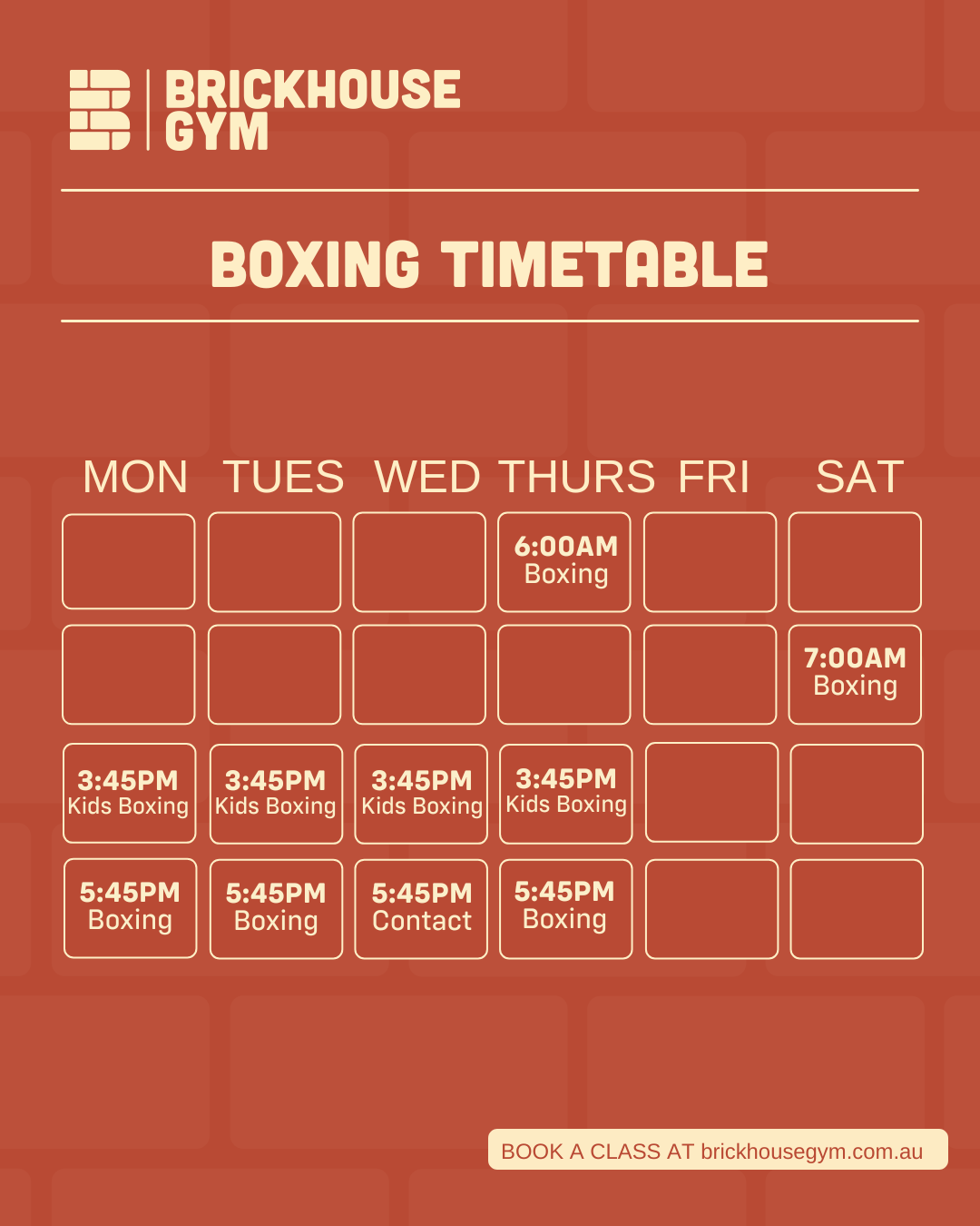 Brickhouse Gym boxing timetable with schedule for Monday through Saturday, including times for kids boxing, contact boxing, and regular boxing classes, and a note to book classes online.