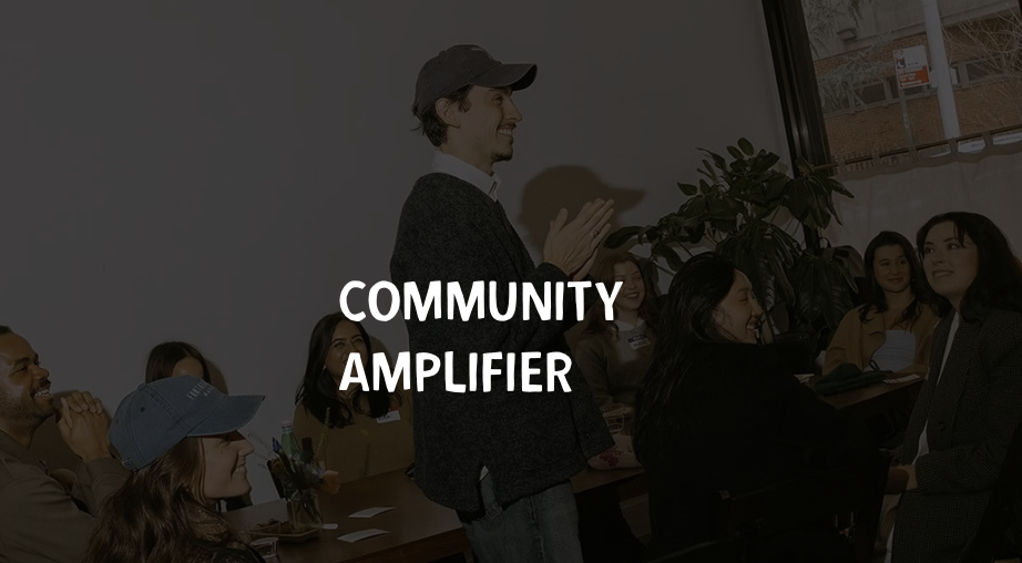 Community event with speaker and “Community Amplifier”—storytelling and outreach for impact.