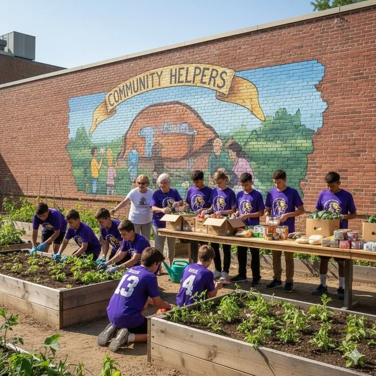 Kids and adults gardening beside a “Community Helpers” mural—hands-on service and neighborhood resilience.