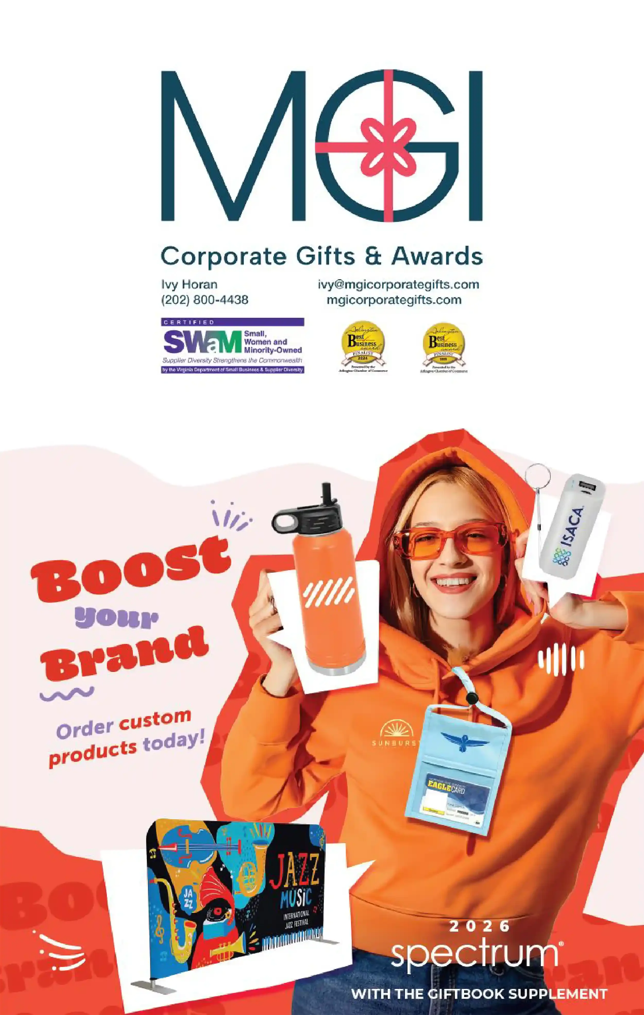 The 2026 Spectrum promotional catalog for corporate gifts and awards featuring a smiling woman in an orange hoodie holding a customized water bottle and a USB drive with company logos