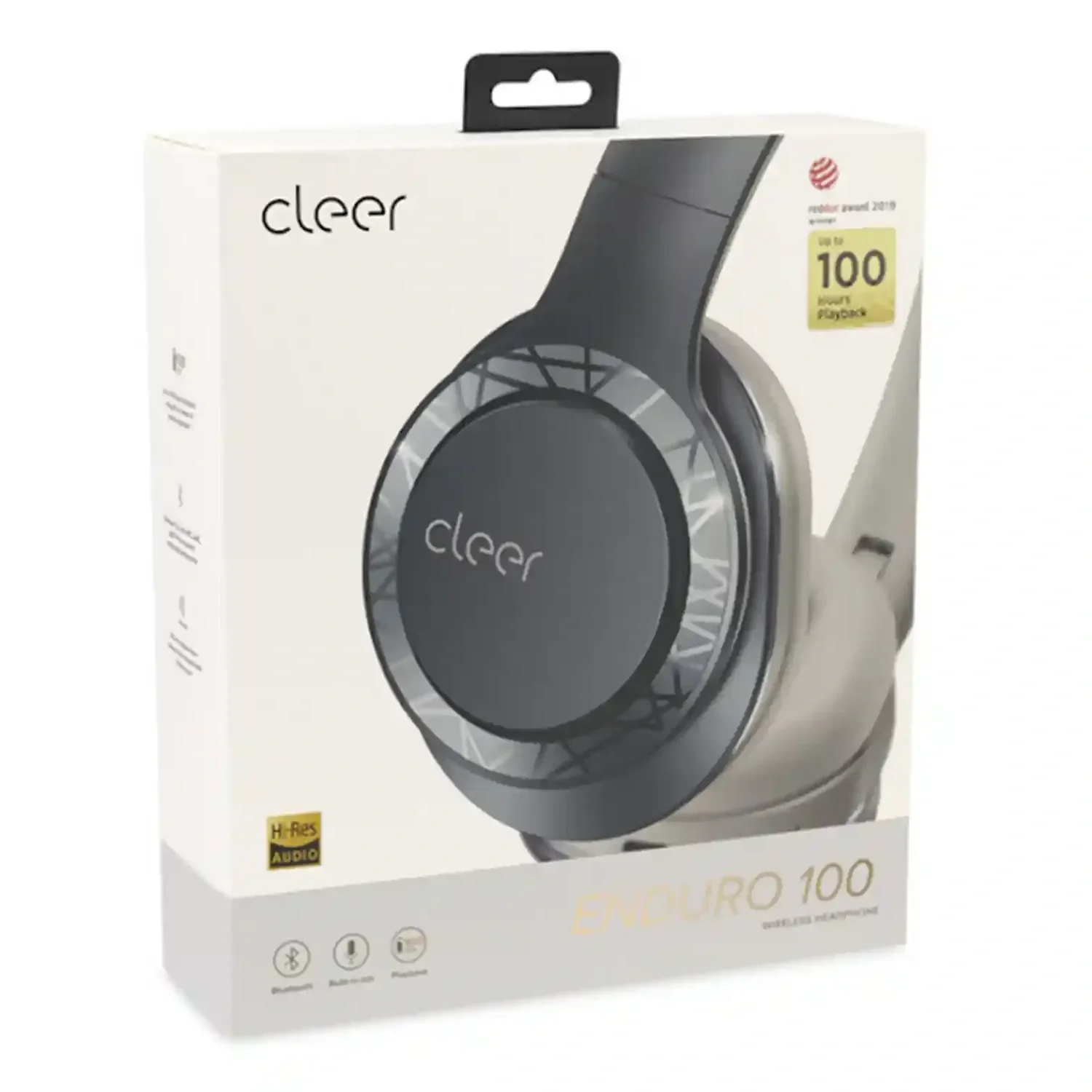 Packaging of Clear Enduro 100 wireless over-ear headphones featuring a large image of the black headphones with icons indicating Bluetooth, microphone, and playback capabilities