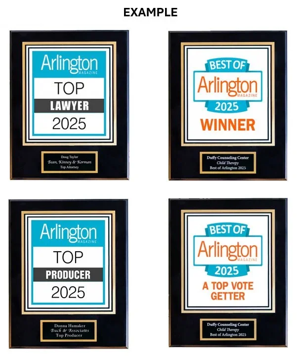 Four award plaques from Arlington magazine in 2025, recognizing top lawyer, top producer, best of Arlington winner, and top vote getter, with black frames and blue and orange text
