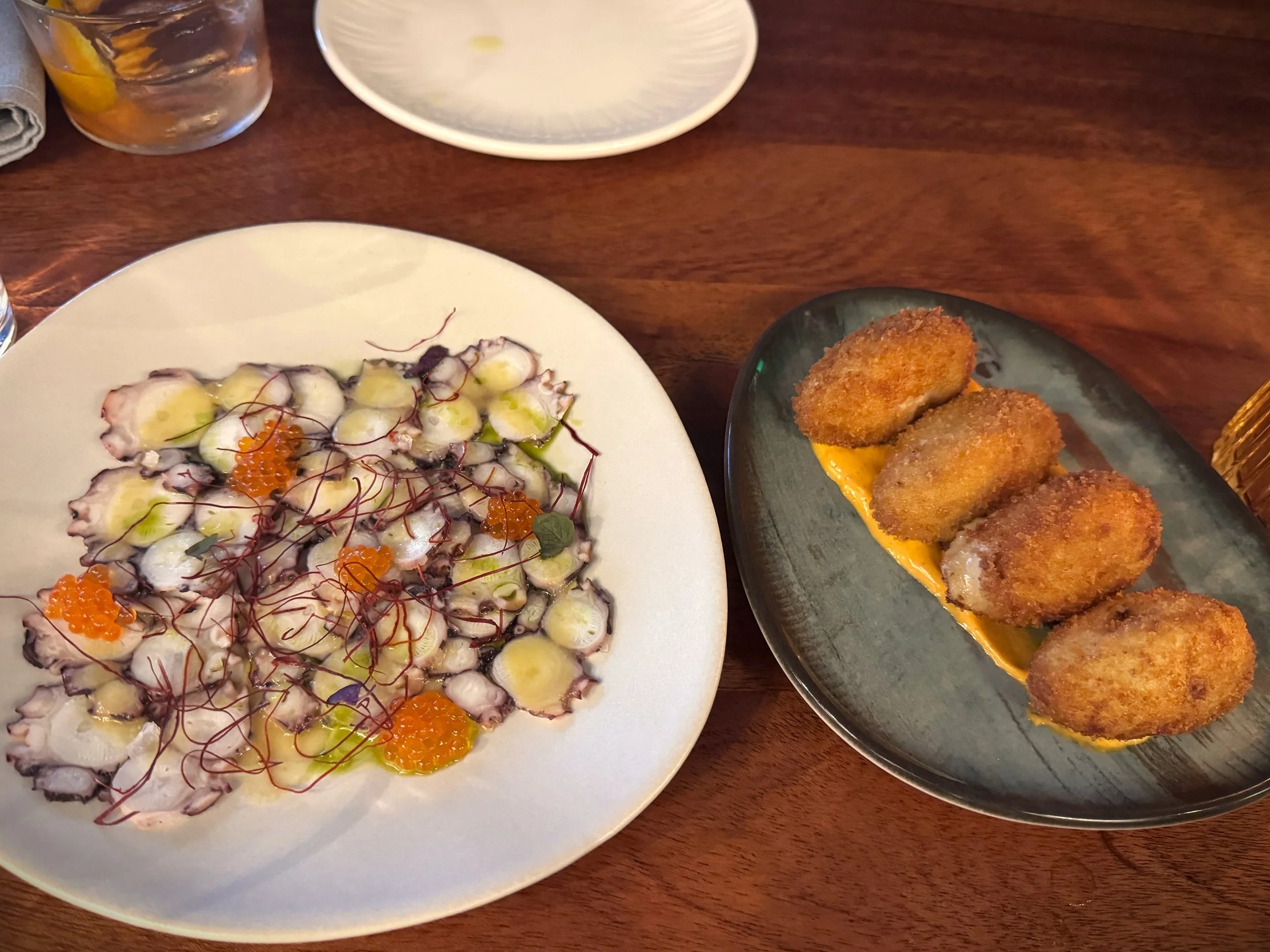 Octopus Carpaccio and (non gluten-free) Jamon Croquettes - Vya