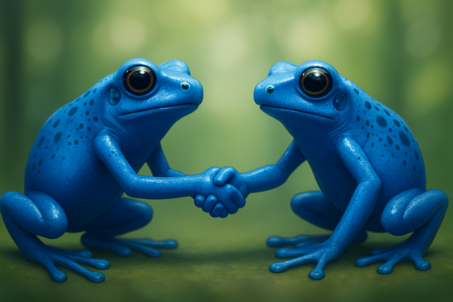 Two blue frogs with black spots on their backs, sitting on a green surface against a blurred green background, holding hands as they face each other.