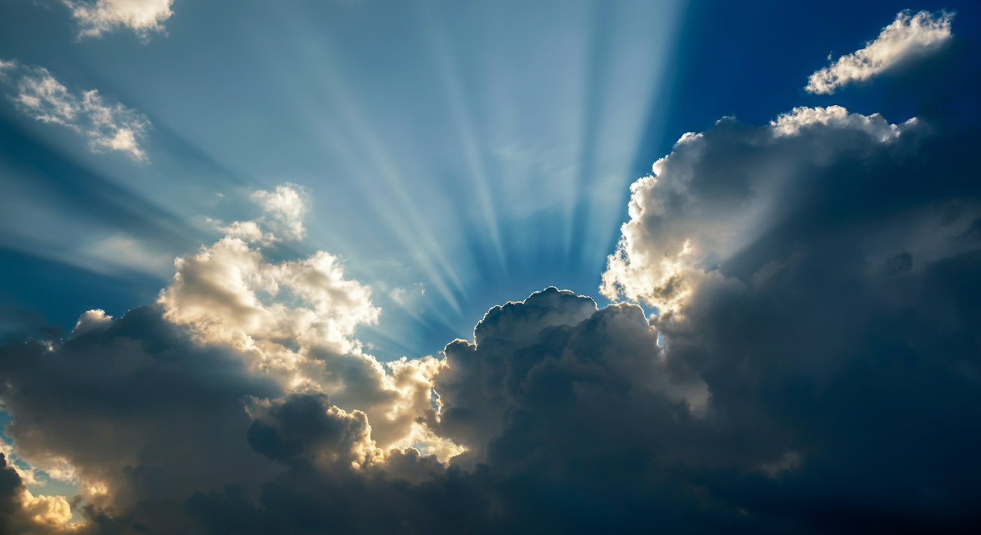 Sun rays streaming through a partly cloudy sky with illuminated clouds.